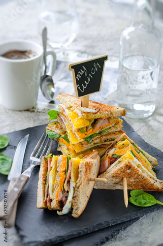 Delicious sandwich with ham, cheese, eggs, lettuce. High club sandwich with toast.