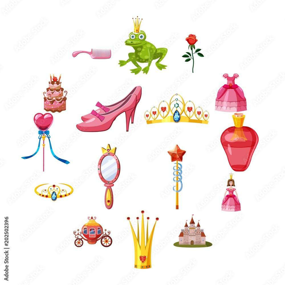 Princess fairytale doll icons set. Cartoon illustration of 16 princess fairytale doll vector icons for web