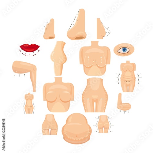 Plastic surgeon icons set. Cartoon illustration of 16 plastic surgeon vector icons for web