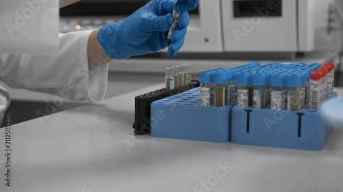 Research in laboratory, medical worker installs test tubes with samples in automated device. Medical tests. Clinical diagnostic laboratory equipment.