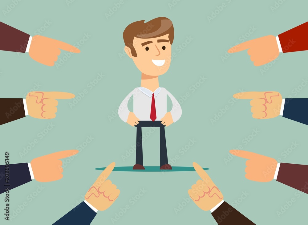 Illustration of businessman with fingers pointing at him. Stock flat vector . Illustration of businessman with fingers pointing at him. Stock flat vector .