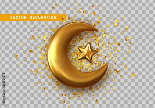 Golden crescent 3d object with transparent background effect. Realistic isolated gold half a month with five end star