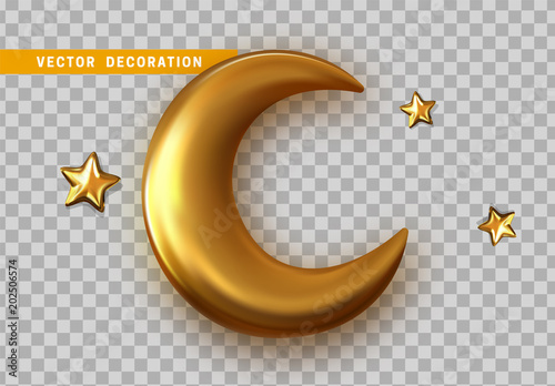 Golden crescent 3d object with transparent background effect. Realistic isolated gold half a month with five end star