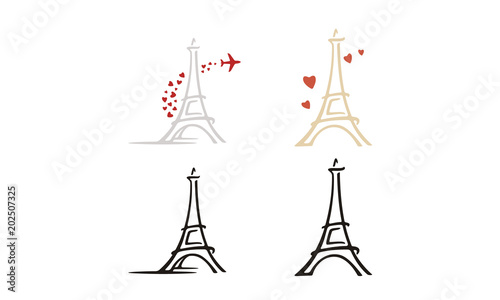 Paris Eiffel Tower with Heart Love Plane Travel Logo design inspiration
