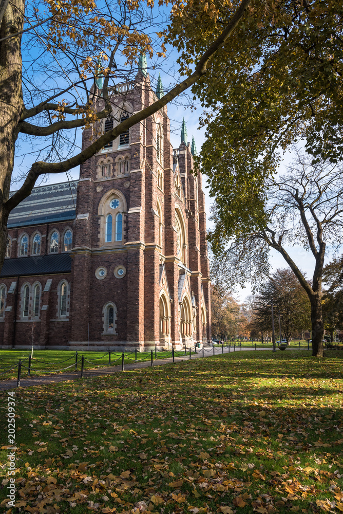 Stone Cathedral on a Clear Fall Morning. A Lawn Covered in Fallen Leaves is in Foreground. London, ON, Canada. Stone Cathedral on a Clear Fall Morning. A Lawn Covered in Fallen Leaves is in Foreground. London, ON, Canada.
