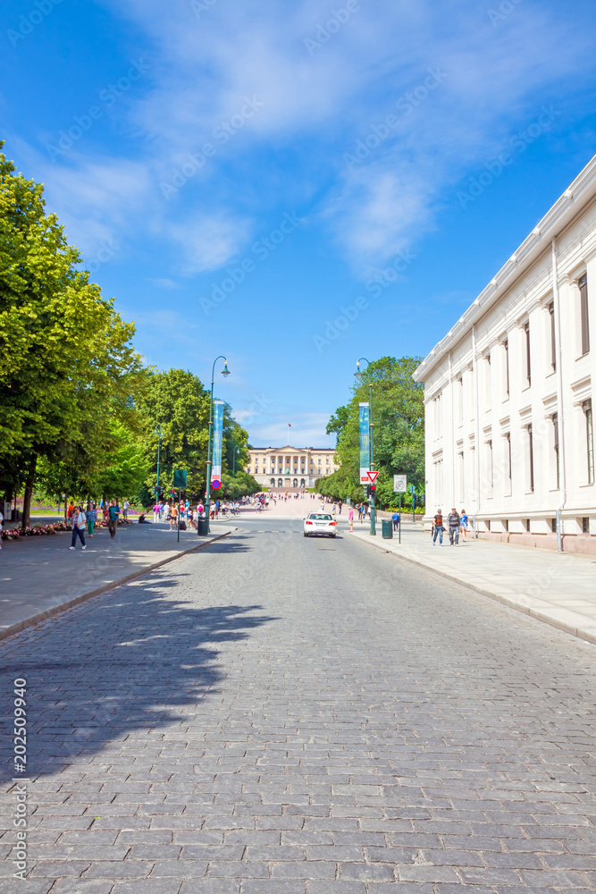 View to Royal Palace in Oslo from Karl Johans gate. Royal Palace is the official residence of the present Norwegian monarch.