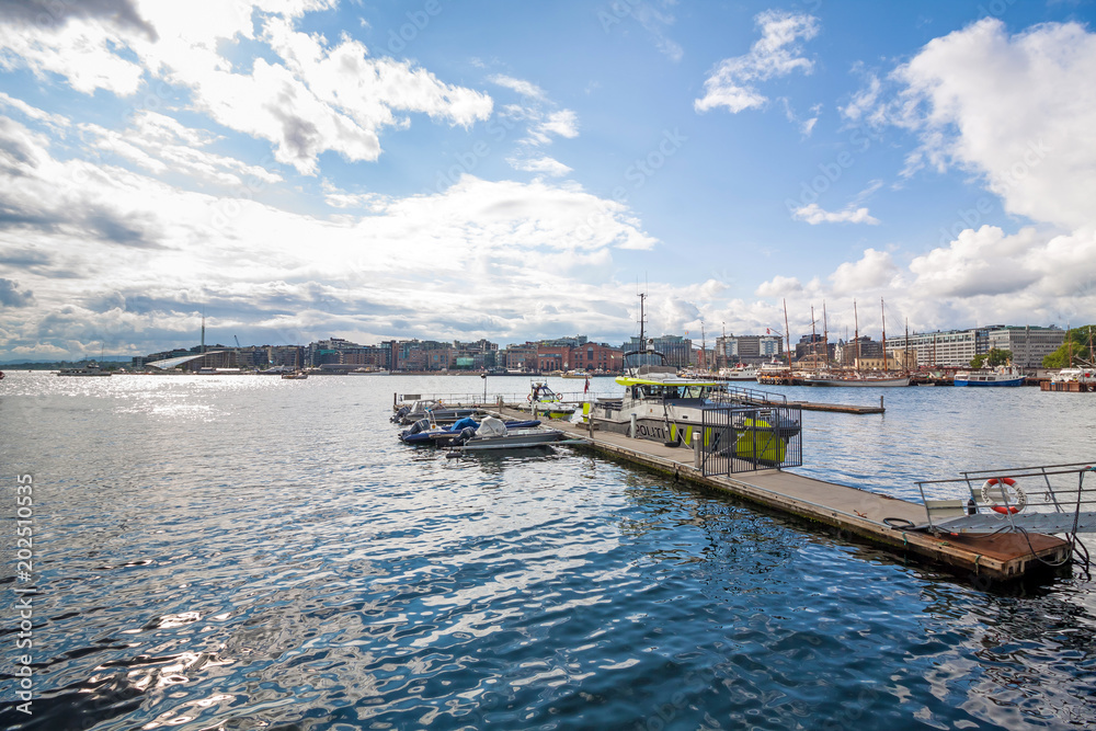 View of panorama on Oslo Harbour and Oslo City Hall