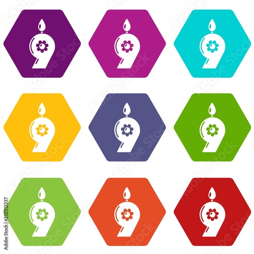 Candle numeral icons 9 set coloful isolated on white for web