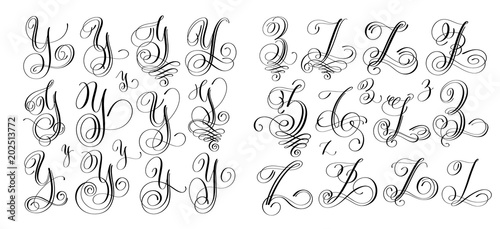 calligraphy letters set Y and Z, script font
