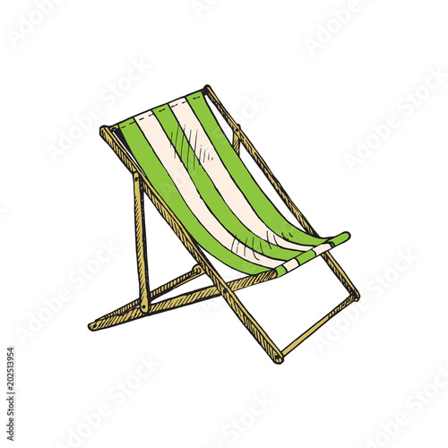 Green striped deck chair, hand drawn doodle, sketch in pop art style, vector illustration