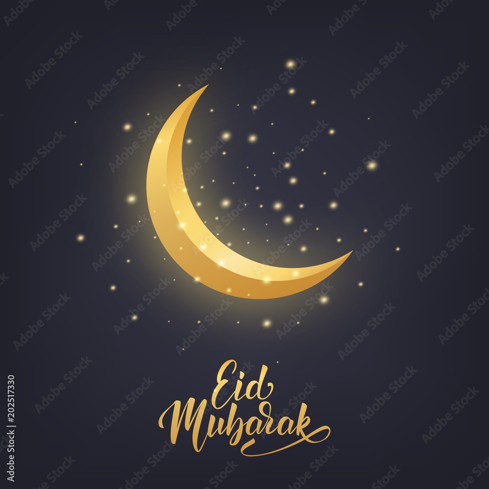 Naklejka premium Ramadan Kareem greeting design with crescent moon, glowing stars and Eid Mubarak script lettering