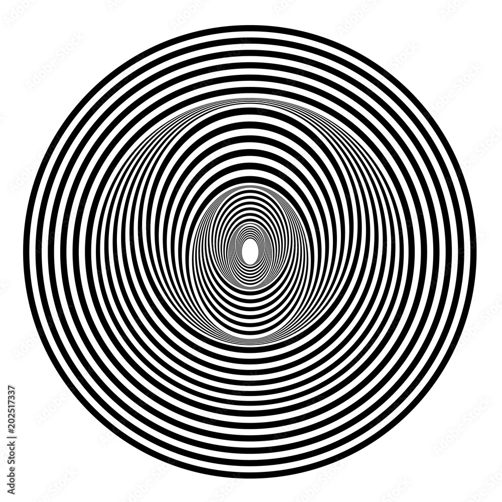 Abstract black and white striped round object. Geometric pattern with visual distortion effect. Illusion of rotation. Op art. Isolated on white background. Abstract black and white striped round object. Geometric pattern with visual distortion effect. Illusion of rotation. Op art. Isolated on white background.