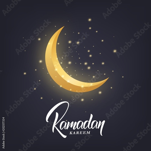 Ramadan Kareem greeting design with crescent moon, glowing stars and Ramadan script lettering