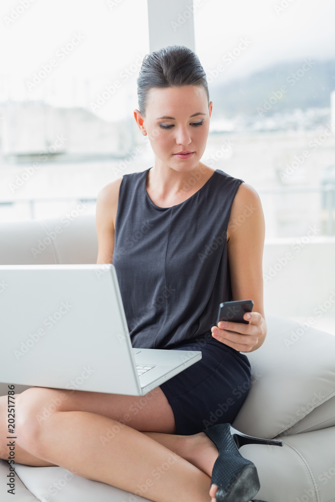 Beautiful well dressed woman using laptop and cellphone on sofa Beautiful well dressed woman using laptop and cellphone on sofa