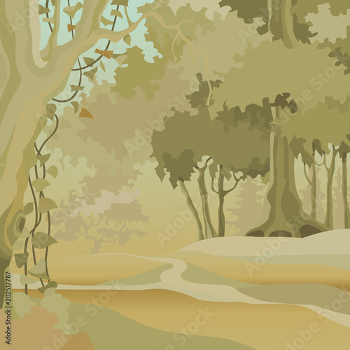 cartoon background of a forest with deciduous trees in an ocher green range