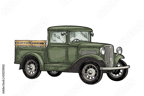 Retro pickup truck. Side view. Vintage black engraving