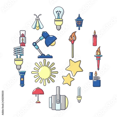 Light source icons set. Cartoon illustration of 16 light source vector icons for web