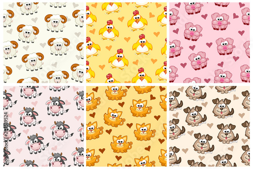 Set seamless pattern from farm animals, cartoon background