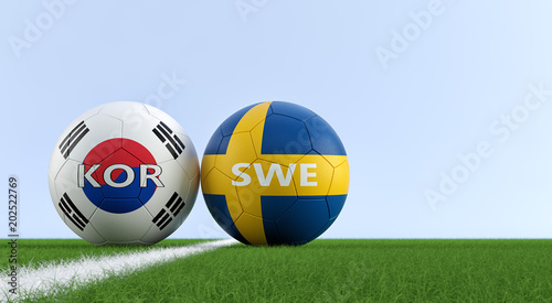 Sweden vs. South Korea Soccer Match - Soccer balls in Sweden and South Korean national colors on a soccer field. Copy space on the right side - 3D Rendering 