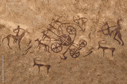 image of the hunt on the wall of the cave. ancient painting, art.