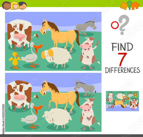 differences game with funny farm animals