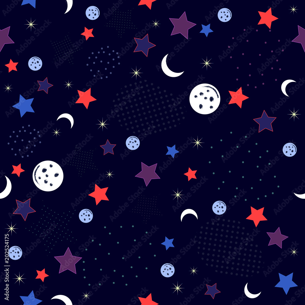 Naklejka Kosmiczna deseniowa tekstura z gwiazdą, planetą i przyrodnią księżyc projekta wektorową ilustracją, styl