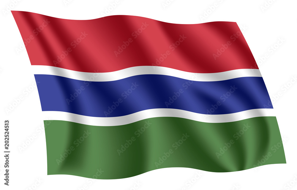 Gambia flag. Isolated national flag of The Gambia. Waving flag of the Republic of the Gambia. Fluttering textile gambian flag. Gambia flag. Isolated national flag of The Gambia. Waving flag of the Republic of the Gambia. Fluttering textile gambian flag.