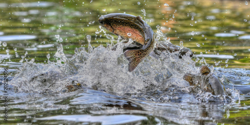 Obraz na plátně Jumping rainbow trout in Grayling Mi