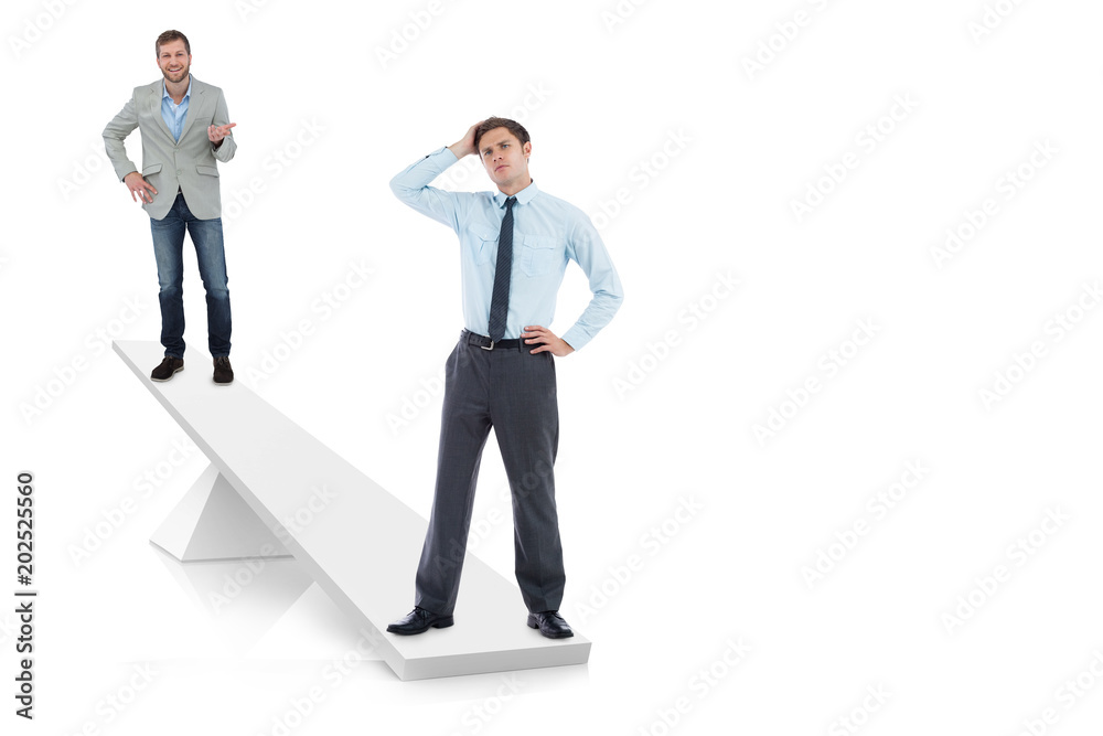 White scales weighing businessmen on white background White scales weighing businessmen on white background