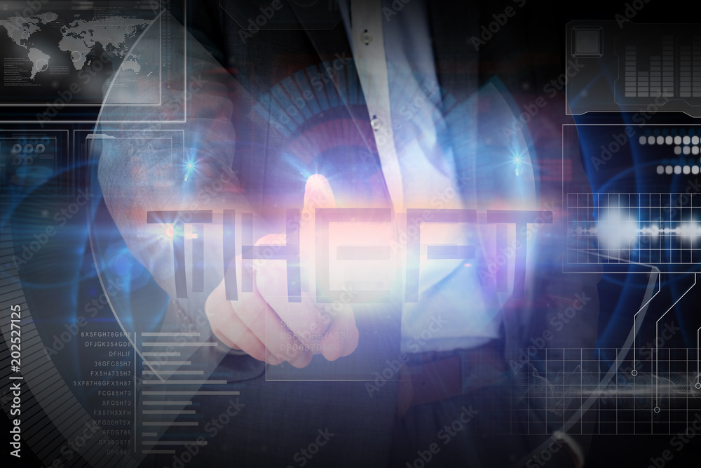 Fototapeta premium Businessman presenting the word theft against glowing blue pattern on black background