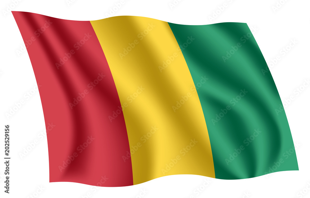 Guinea flag. Isolated national flag of Guinea. Waving flag of the Republic of Guinea. Fluttering textile guinean flag. Guinea flag. Isolated national flag of Guinea. Waving flag of the Republic of Guinea. Fluttering textile guinean flag.