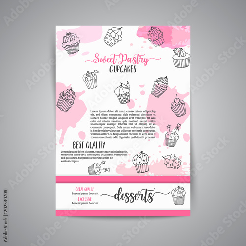 Cupcake background with handdrawn cupcakes and pink splashes. Sweet pastry slogan. Vector