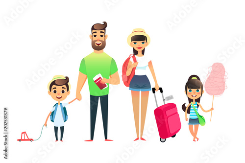 Travelling Family People Waiting For Airplane Or Train Cartoon Dad Mom And Child Traveling Together Young