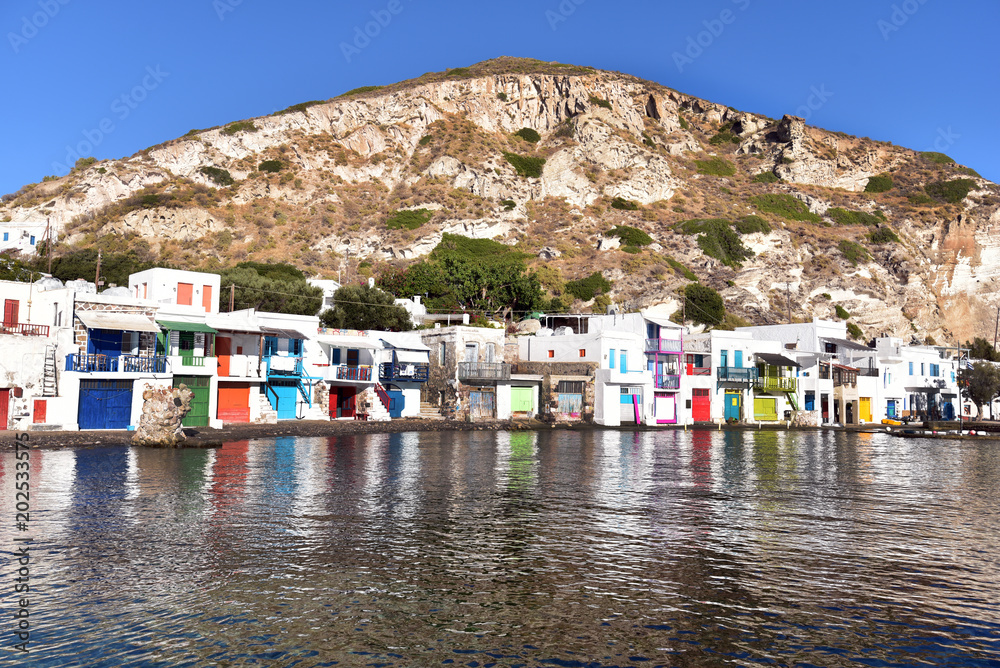 Colourful houses of the fishing village of Klima on Milos Island, Cyclades Island Group, Greece, Europe