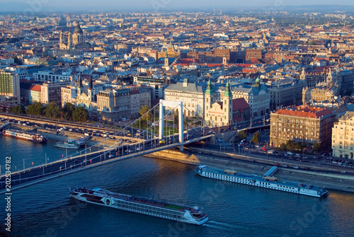 Photography Budapest city view, Elisabeth bridge, river, cruise ships