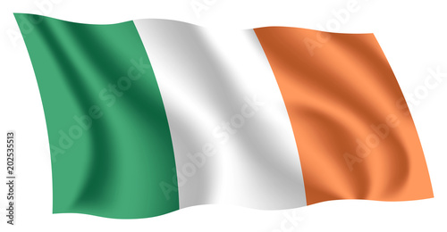 Ireland flag. Isolated national flag of Ireland. Waving flag of the Republic of Ireland. Fluttering textile irish flag. Irish tricolour.