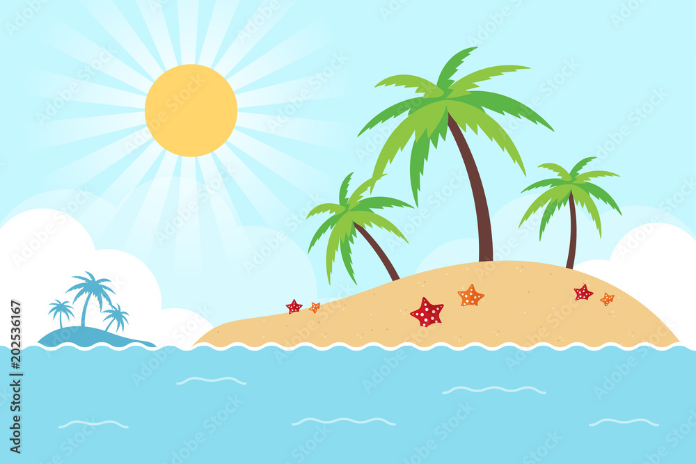 Summer Landscape. Tropical Island in the Ocean. Flat Design Style.
