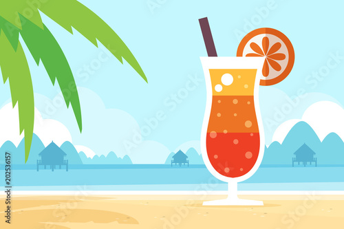 Tropical Sandy Beach with Fruit Cocktail and Palm Tree Branches. Flat Design Style. 