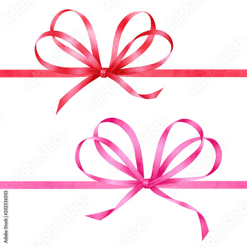Watercolor red and pink bows and ribbons. Decorative design elements isolaed on white background