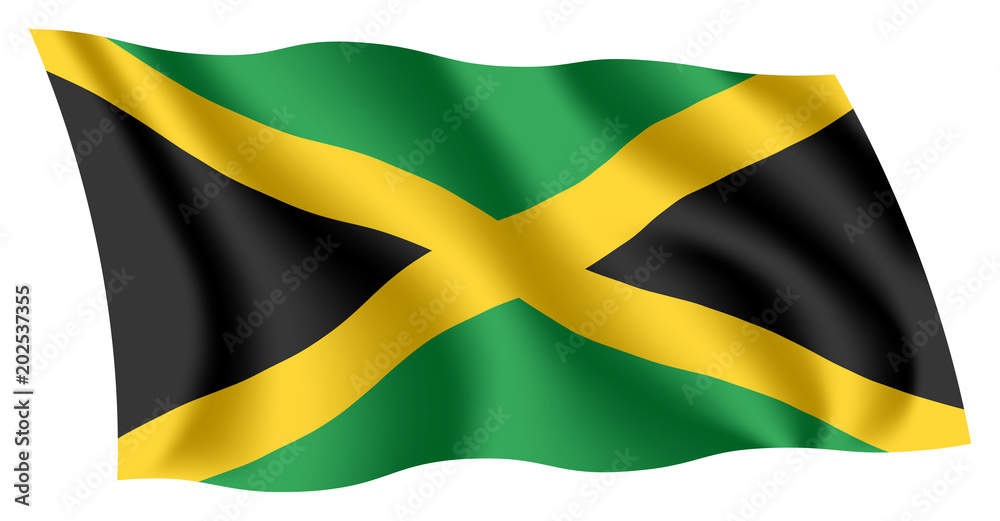 Jamaica flag. Isolated national flag of Jamaica. Waving flag of Jamaica. Fluttering textile