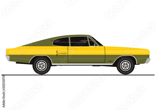 Vector muscle car sticker on a white background. Side view. Flat vector.