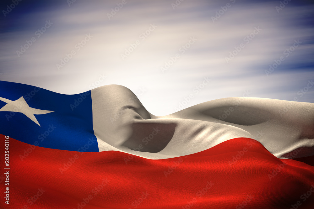Naklejka premium Chile flag waving against blue cloudy sky