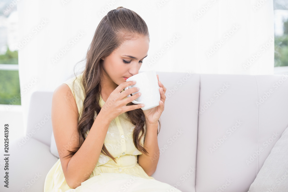 Calm young brunette drinking from a mug Calm young brunette drinking from a mug