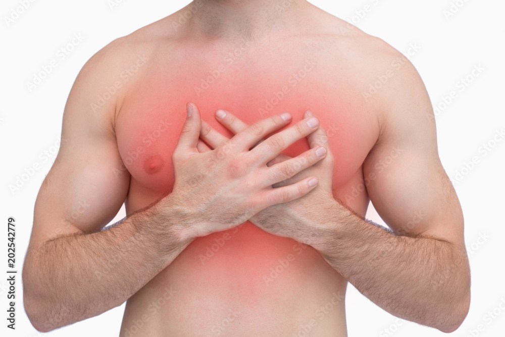 Midsection of shirtless man with chest pain over white background Midsection of shirtless man with chest pain over white background