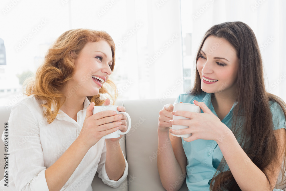 Female friends with coffee enjoying a conversation at home