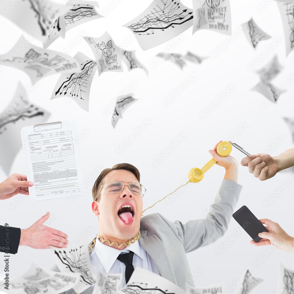 Φωτογραφία Businessman in suit offering his hand against pages flying