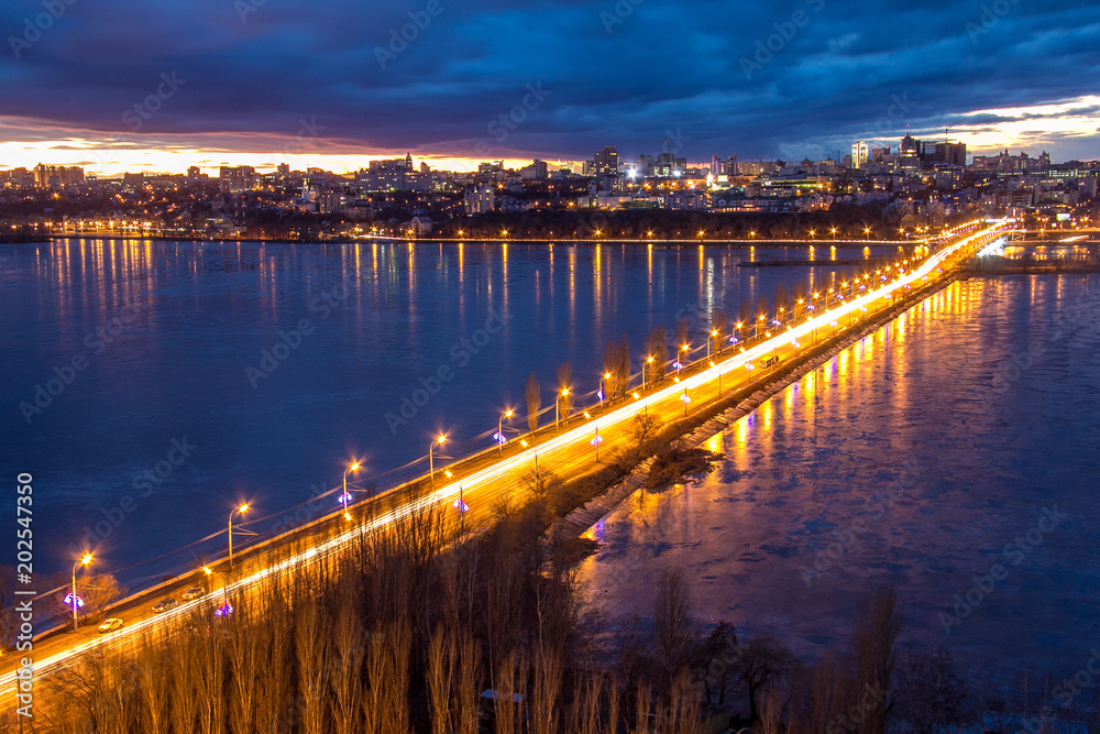 Evening Voronezh. Aerial view to Voronezh water reservoir and Chernavsky bridge through river. 
