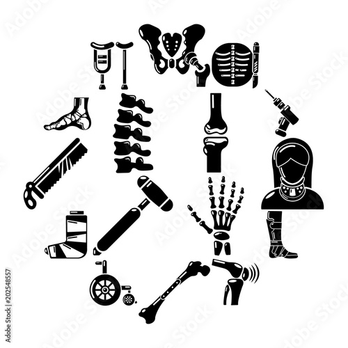 Orthopedist bone tools icons set. Simple illustration of 16 orthopedist bone devices vector icons for web