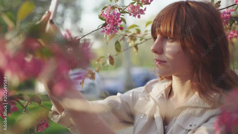 beautiful young red-haired woman among cherry blossom sakura tree spring pink flowers making selfie on smartphone on sunset 