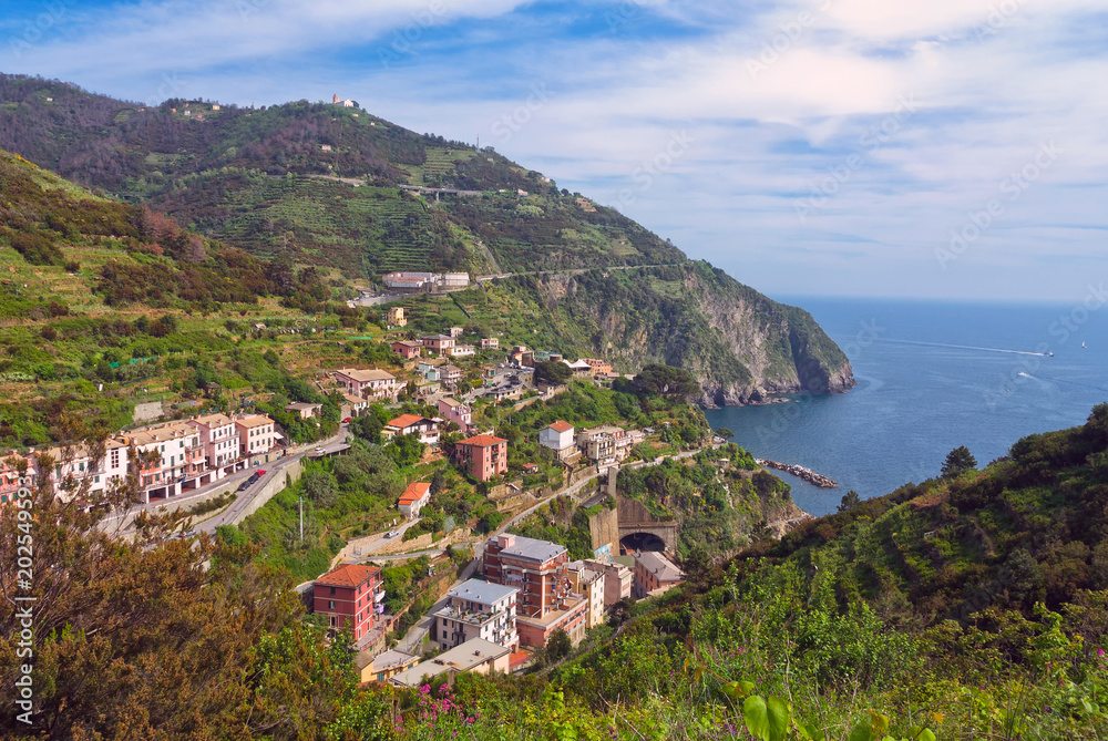 The aaerial view to the Riomaggiore from a hill